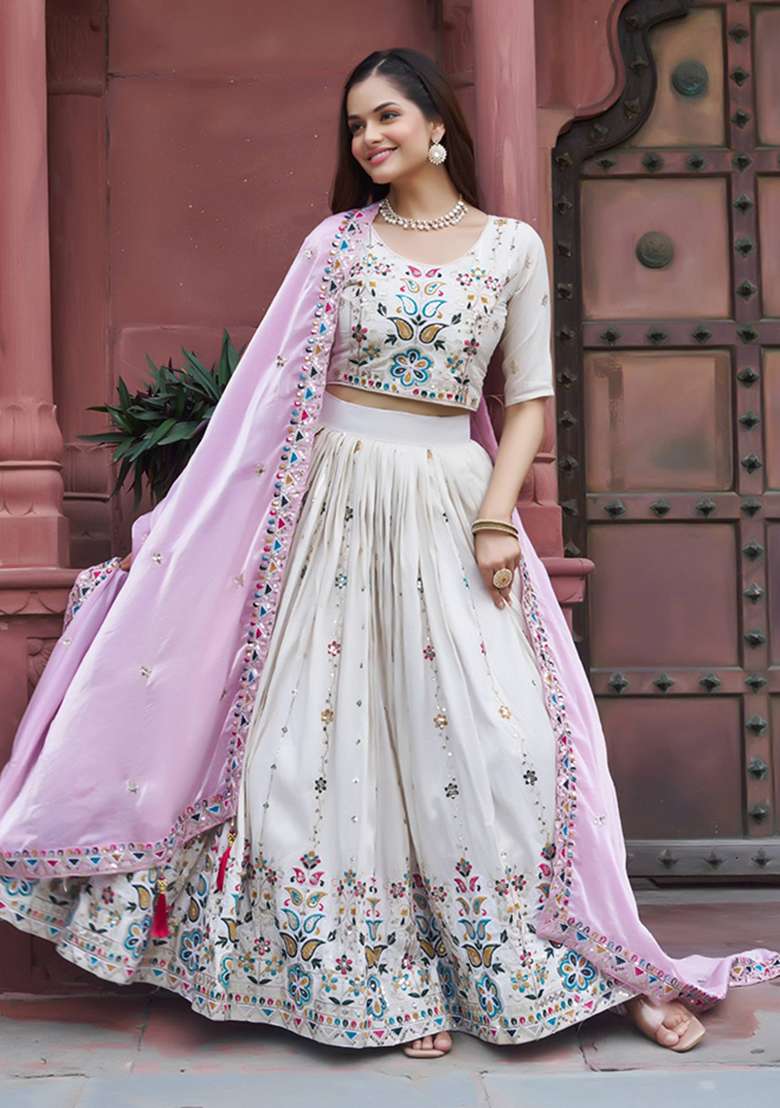 Pink Embroidery Silk Blend Lehenga Set With Dupatta for Diwali and Festive Wear - Indya