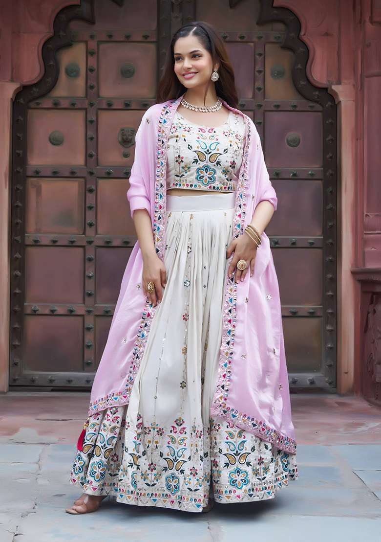 Pink Embroidery Silk Blend Lehenga Set With Dupatta for Diwali and Festive Wear - Indya
