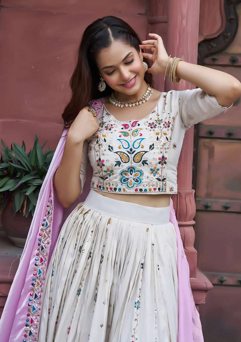 Pink Embroidery Silk Blend Lehenga Set With Dupatta for Diwali and Festive Wear - Indya