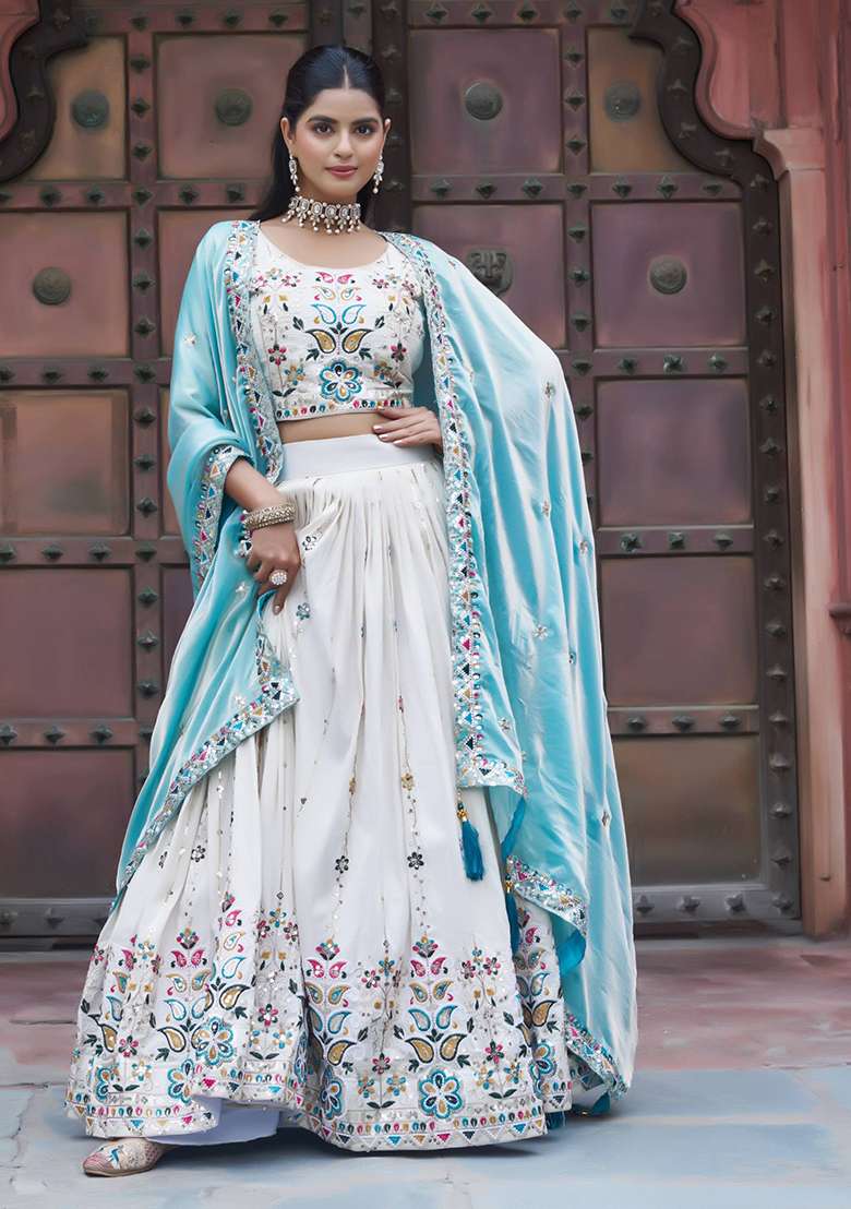 Sky Blue With Dupatta Silk Blend Lehenga Set with Embroidery for Diwali | Wedding & Festive Wear - Indya