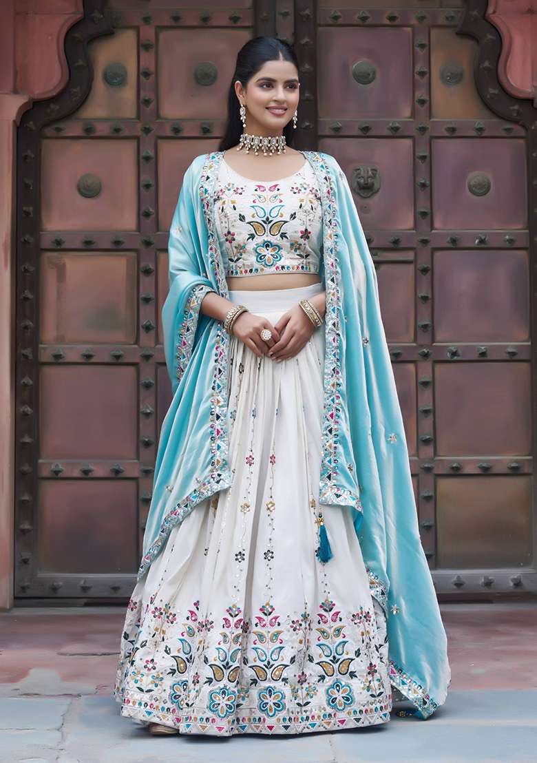 Sky Blue With Dupatta Silk Blend Lehenga Set with Embroidery for Diwali | Wedding & Festive Wear - Indya