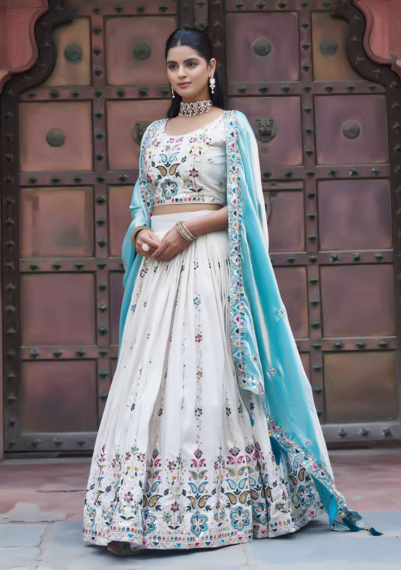 Sky Blue With Dupatta Silk Blend Lehenga Set with Embroidery for Diwali | Wedding & Festive Wear - Indya