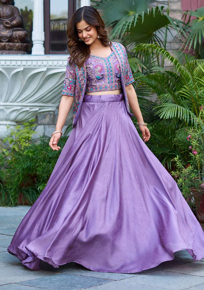 Lavender Vichitra With Dupatta Lehenga Set with Embroidery for Diwali | Wedding & Festive Wear - Indya