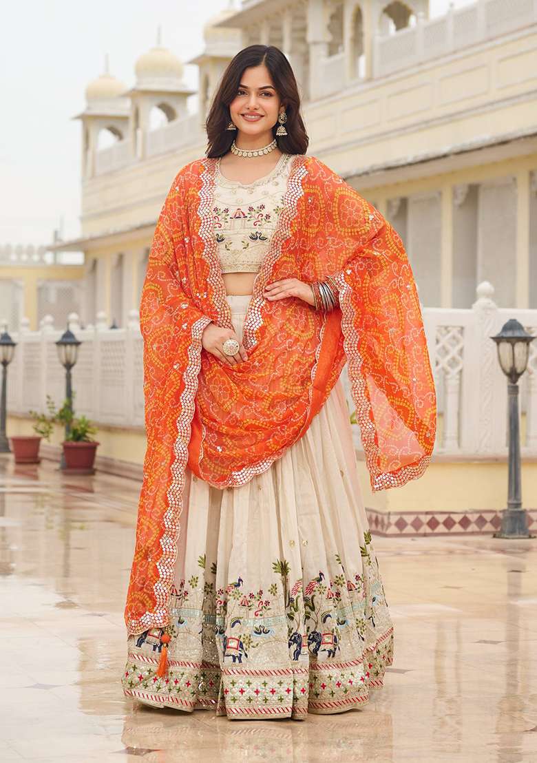 Orange With Dupatta Silk Blend Lehenga Set with Embroidery for Diwali | Wedding & Festive Wear - Indya