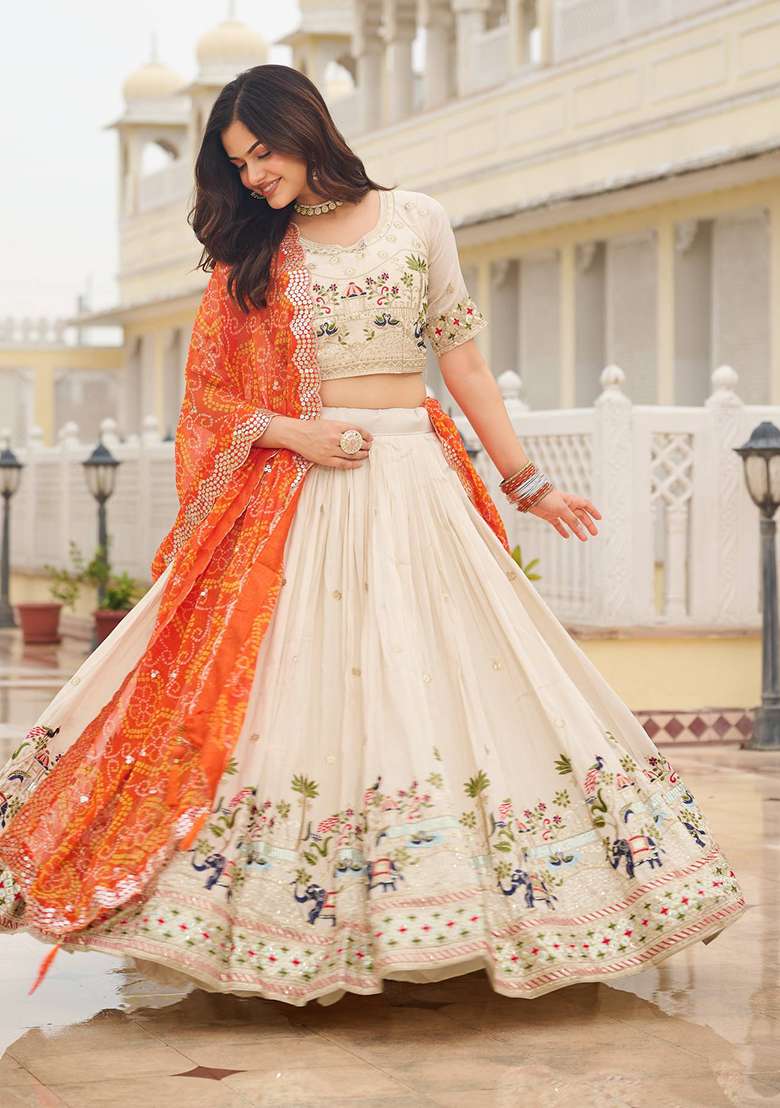 Orange With Dupatta Silk Blend Lehenga Set with Embroidery for Diwali | Wedding & Festive Wear - Indya