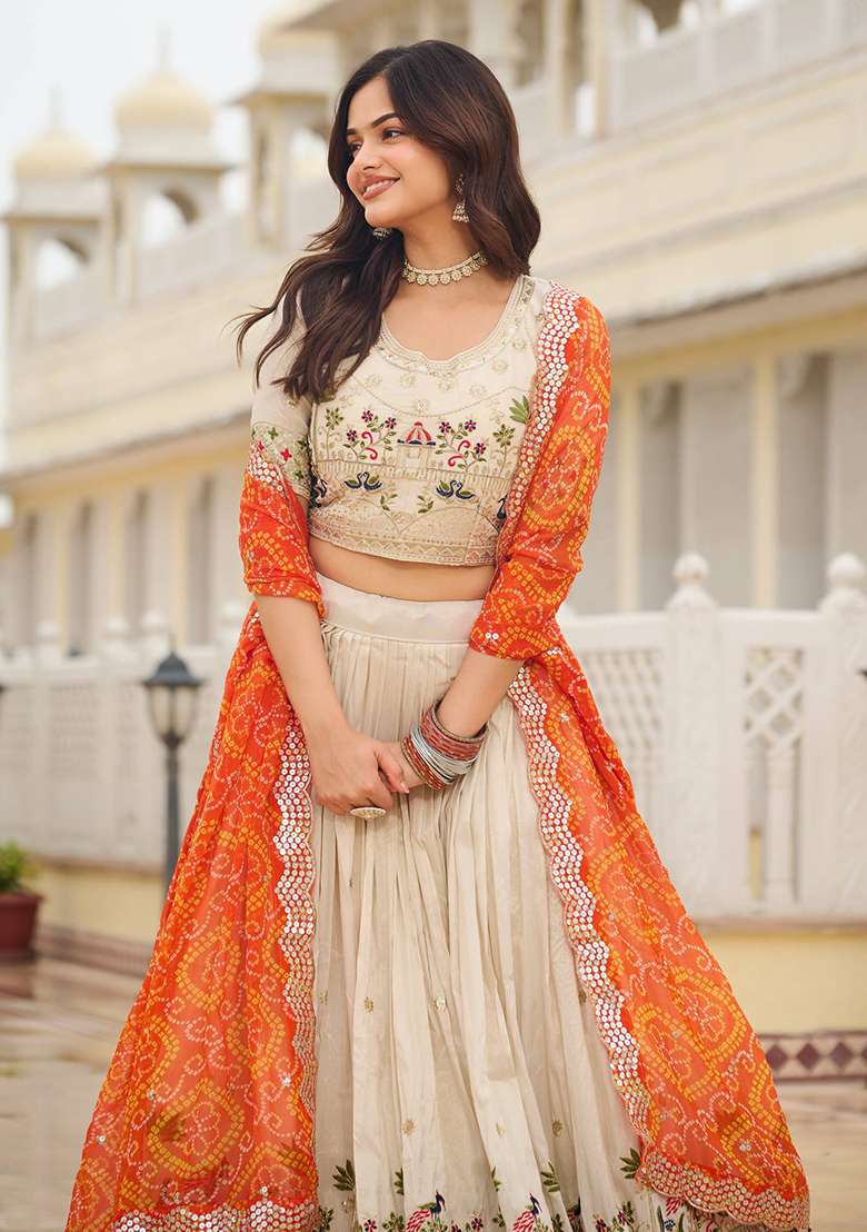 Orange With Dupatta Silk Blend Lehenga Set with Embroidery for Diwali | Wedding & Festive Wear - Indya
