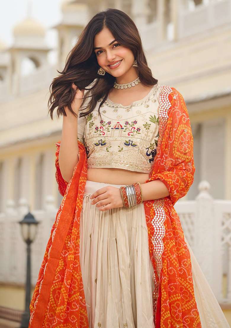 Orange With Dupatta Silk Blend Lehenga Set with Embroidery for Diwali | Wedding & Festive Wear - Indya