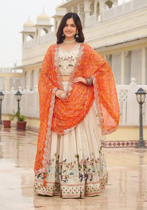 Orange Embroidery Silk Lehenga Set With Dupatta
