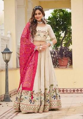 Pink Embroidery Silk Lehenga Set With Dupatta