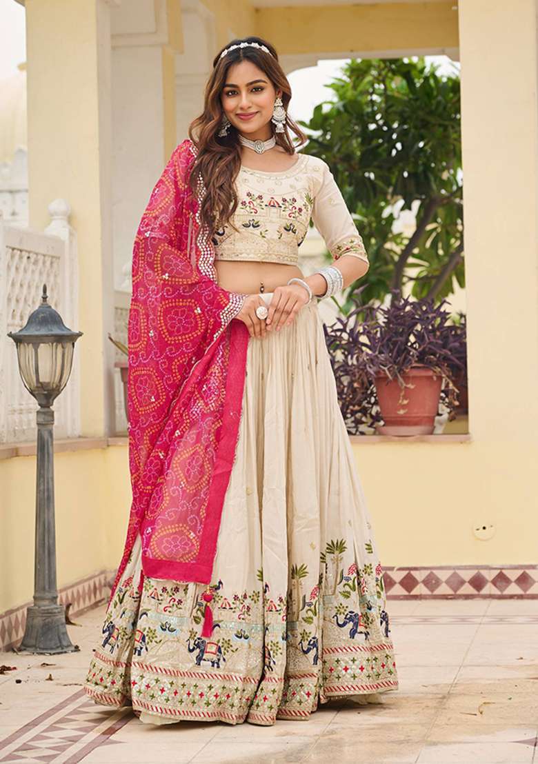 Pink Embroidery Silk Blend Lehenga Set With Dupatta for Diwali and Festive Wear - Indya