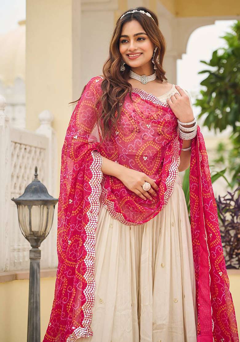 Pink Embroidery Silk Blend Lehenga Set With Dupatta for Diwali and Festive Wear - Indya