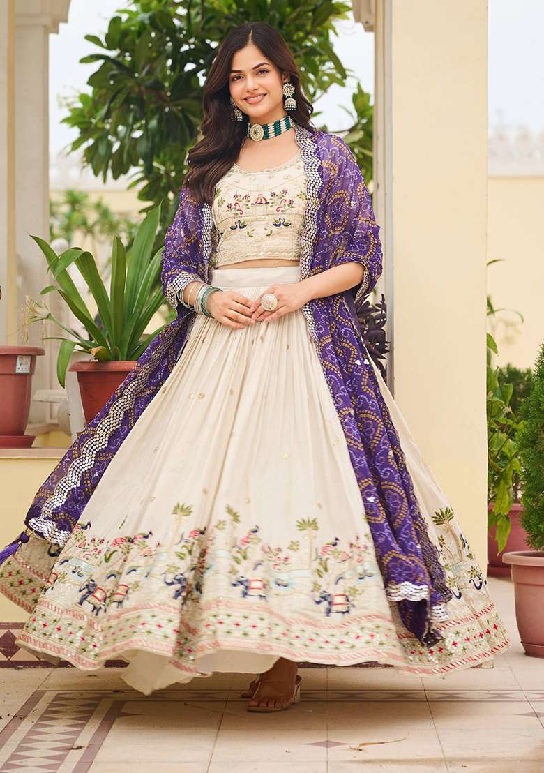 Purple Embroidery Silk Blend Lehenga Set With Dupatta for Diwali and Festive Wear - Indya