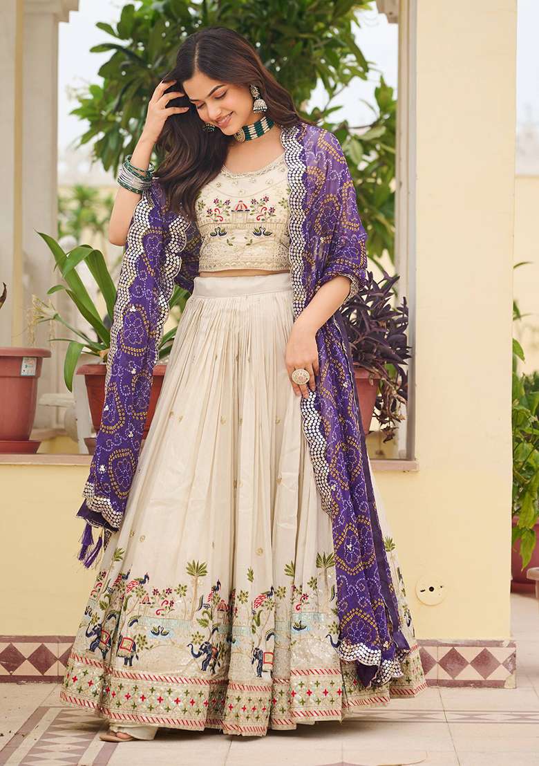 Purple Embroidery Silk Blend Lehenga Set With Dupatta for Diwali and Festive Wear - Indya
