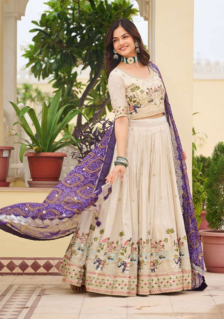 Purple Embroidery Silk Blend Lehenga Set With Dupatta for Diwali and Festive Wear - Indya