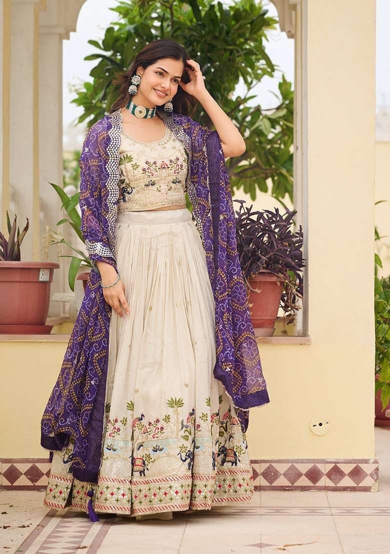 Purple Embroidery Silk Blend Lehenga Set With Dupatta for Diwali and Festive Wear - Indya