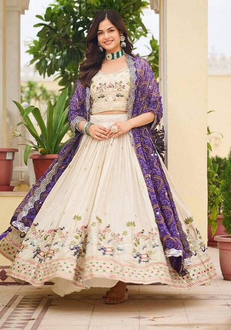 Purple Embroidery Silk Lehenga Set With Dupatta