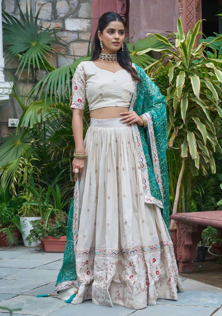Green With Dupatta Silk Blend Lehenga Set with Embroidery for Diwali | Wedding & Festive Wear - Indya