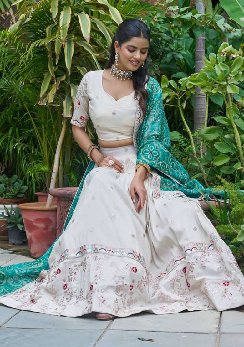 Green With Dupatta Silk Blend Lehenga Set with Embroidery for Diwali | Wedding & Festive Wear - Indya