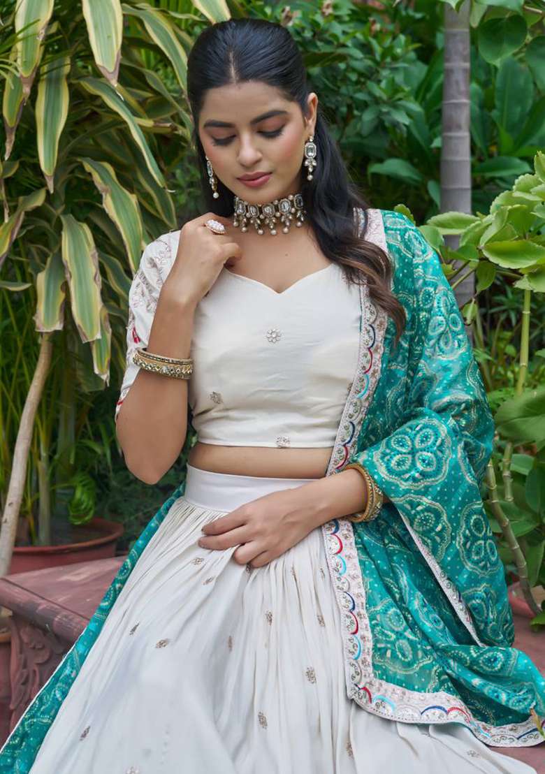 Green With Dupatta Silk Blend Lehenga Set with Embroidery for Diwali | Wedding & Festive Wear - Indya