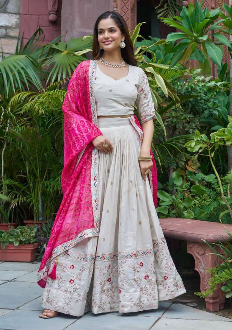 Pink Embroidery Silk Blend Lehenga Set With Dupatta for Diwali and Festive Wear - Indya