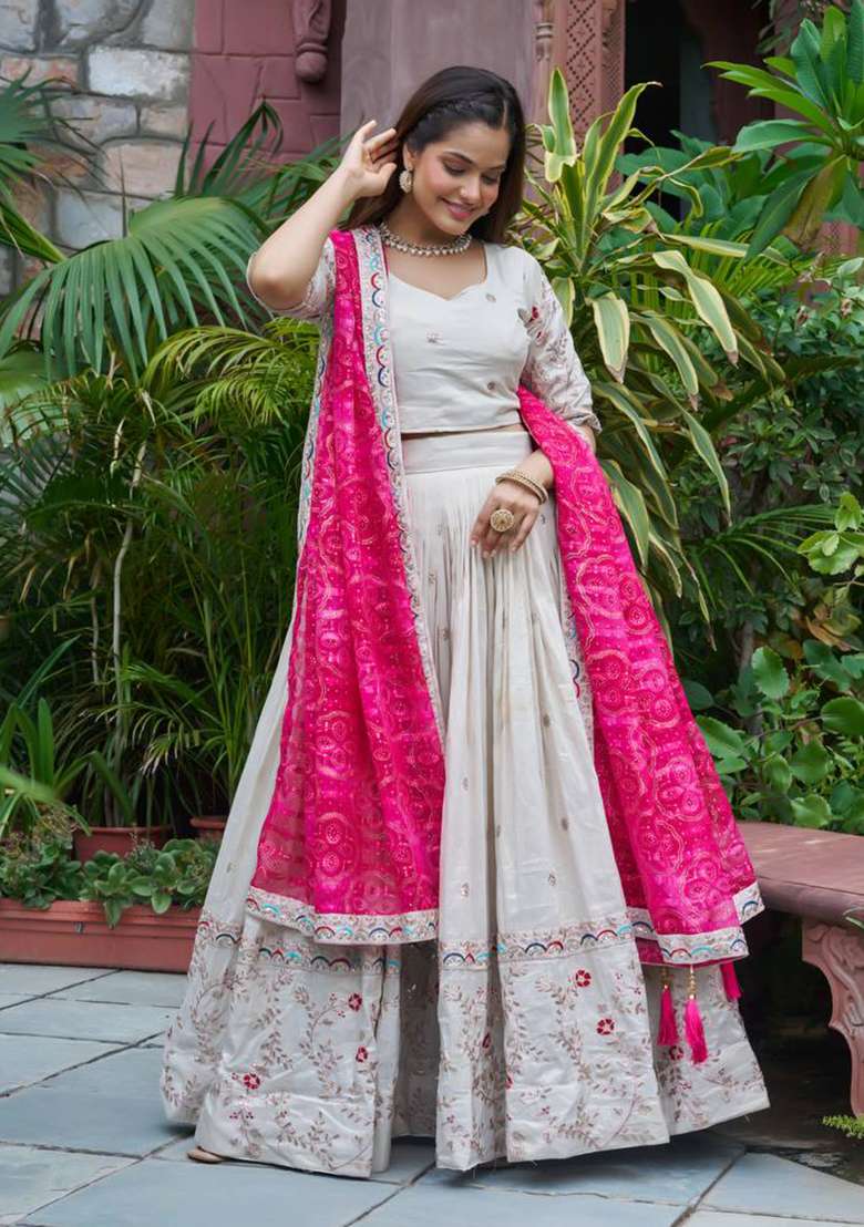 Pink Embroidery Silk Blend Lehenga Set With Dupatta for Diwali and Festive Wear - Indya
