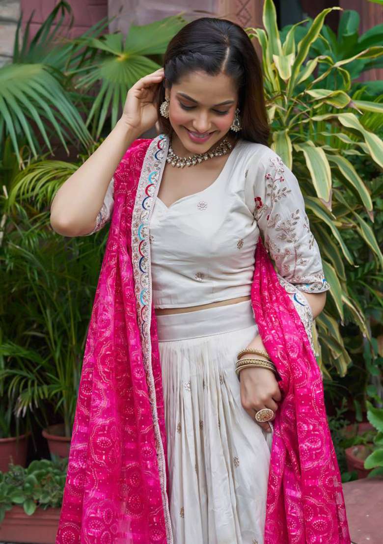 Pink Embroidery Silk Blend Lehenga Set With Dupatta for Diwali and Festive Wear - Indya