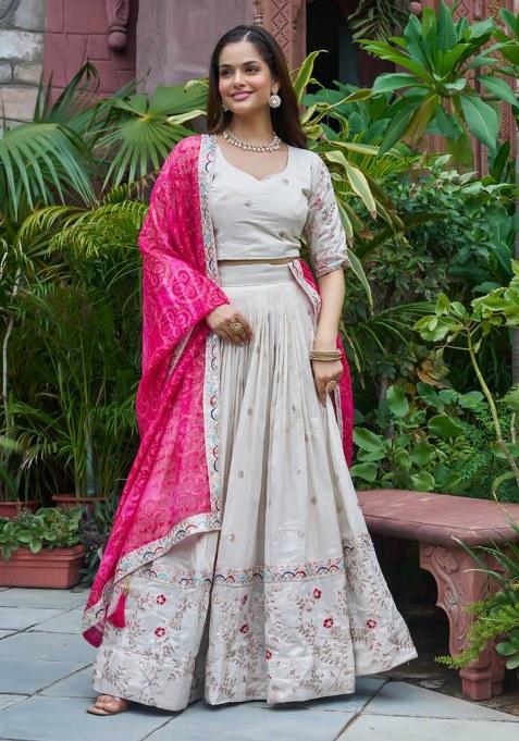 Pink Embroidery Silk Lehenga Set With Dupatta