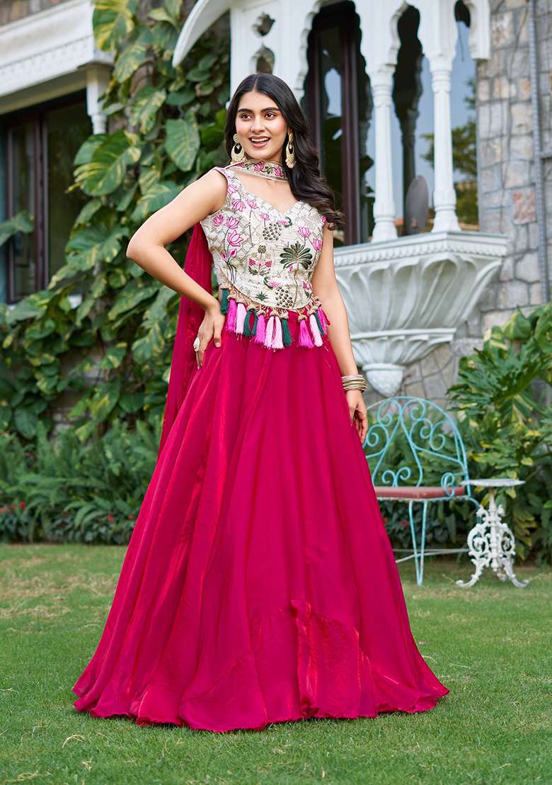 Pink Embroidery Silk Blend Chaniya Choli Set For Navratri And Garba for Diwali and Festive Wear - Indya