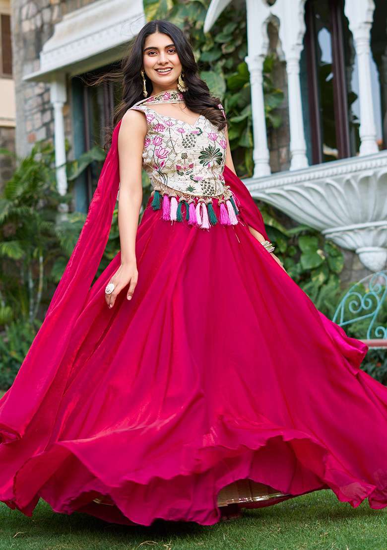 Pink Embroidery Silk Blend Chaniya Choli Set For Navratri And Garba for Diwali and Festive Wear - Indya