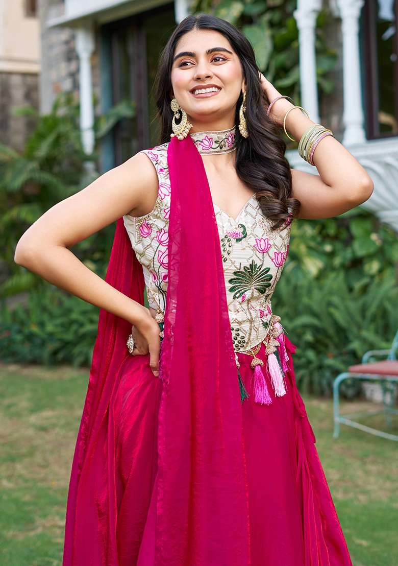 Pink Embroidery Silk Blend Chaniya Choli Set For Navratri And Garba for Diwali and Festive Wear - Indya