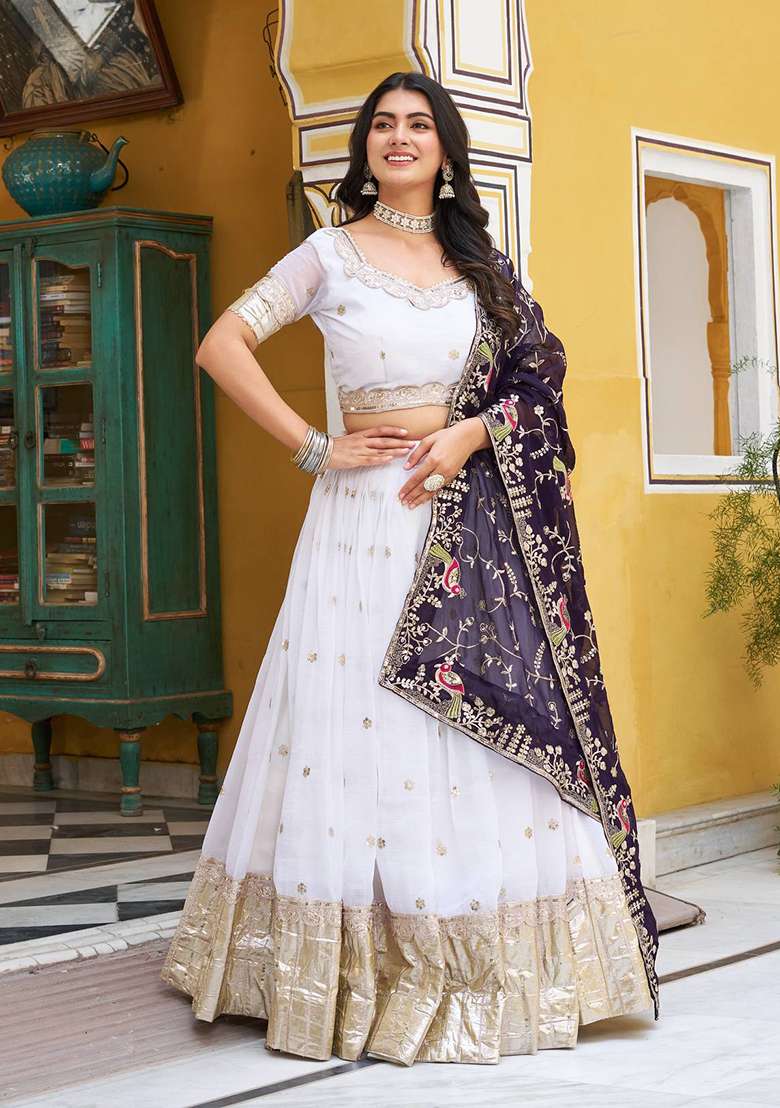 White Crunchi With Dupatta Lehenga Set with Embroidery for Diwali | Wedding & Festive Wear - Indya