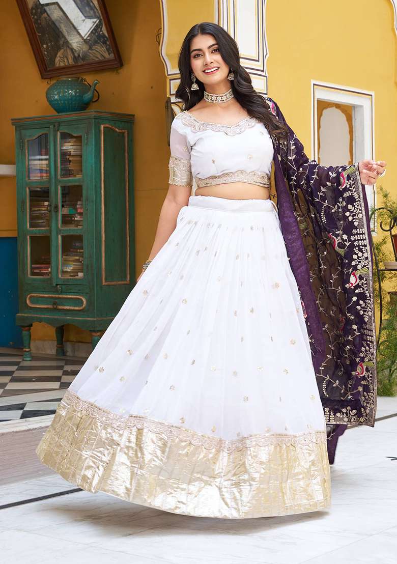 White Crunchi With Dupatta Lehenga Set with Embroidery for Diwali | Wedding & Festive Wear - Indya