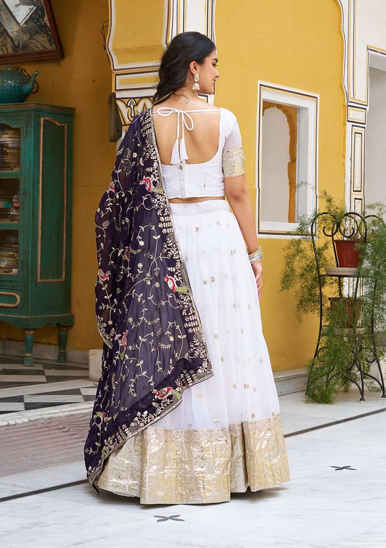 White Crunchi With Dupatta Lehenga Set with Embroidery for Diwali | Wedding & Festive Wear - Indya