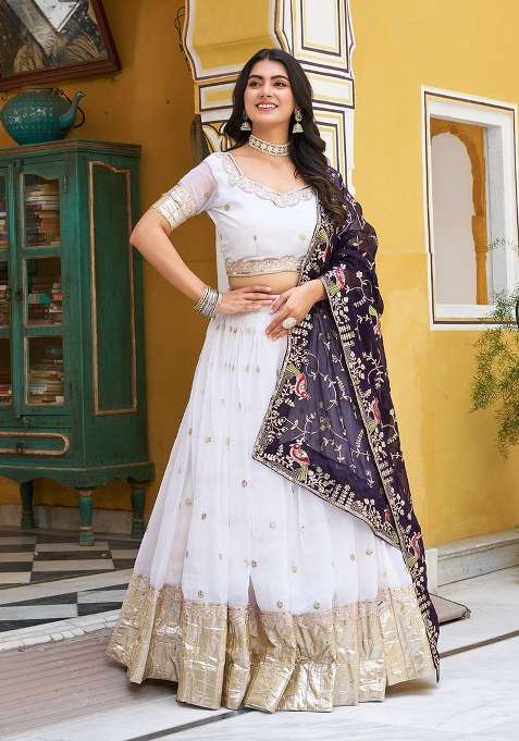 White Crunchi With Dupatta Lehenga Set with Embroidery for Diwali | Wedding & Festive Wear