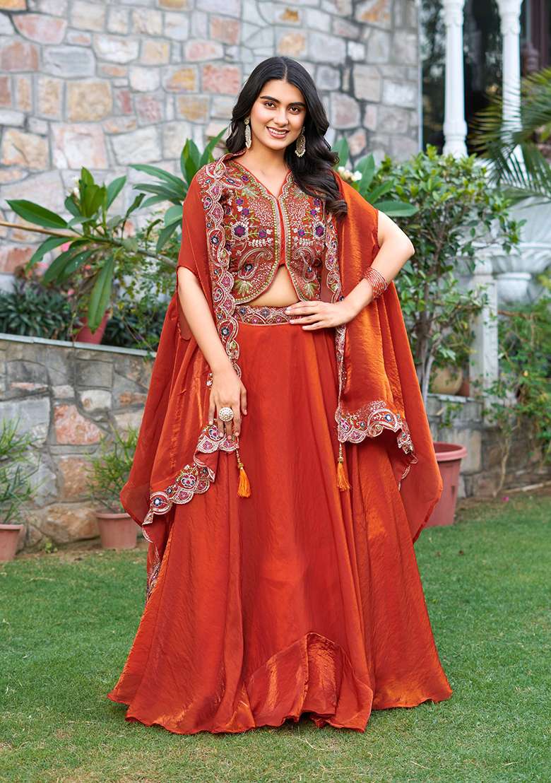 Orange With Dupatta Silk Blend Lehenga Set with Embroidery for Diwali | Wedding & Festive Wear - Indya