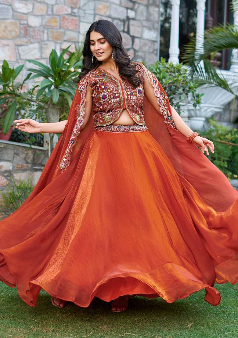 Orange With Dupatta Silk Blend Lehenga Set with Embroidery for Diwali | Wedding & Festive Wear - Indya