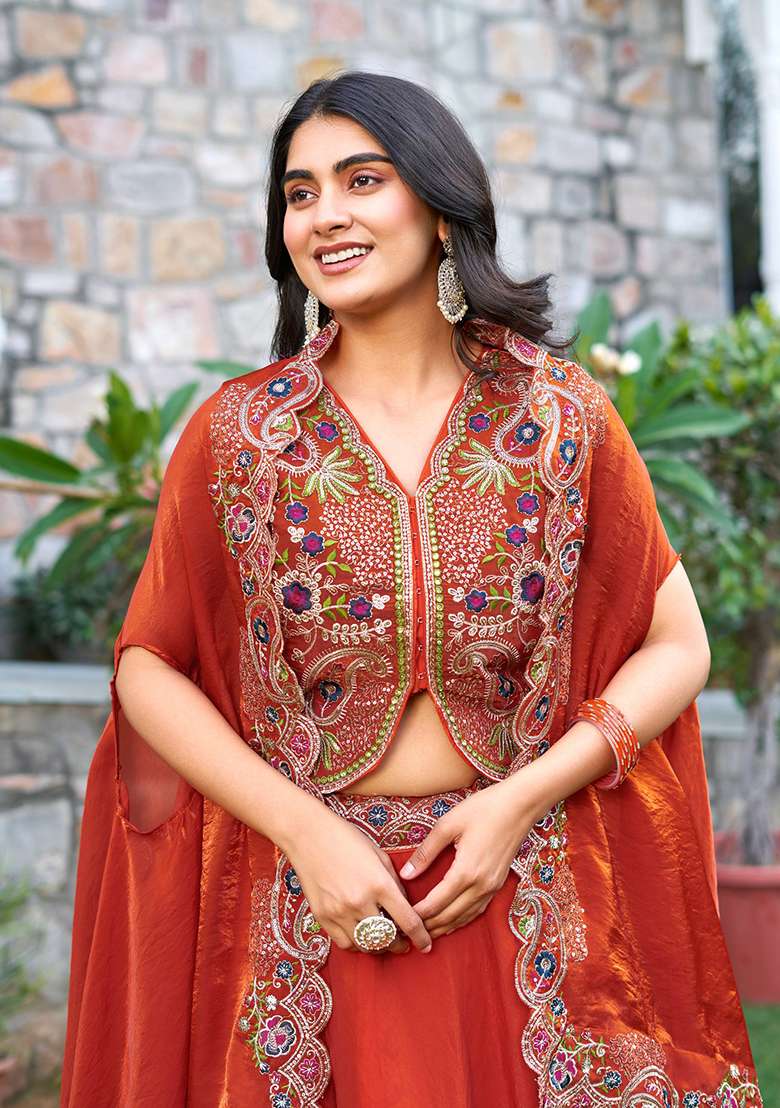 Orange With Dupatta Silk Blend Lehenga Set with Embroidery for Diwali | Wedding & Festive Wear - Indya