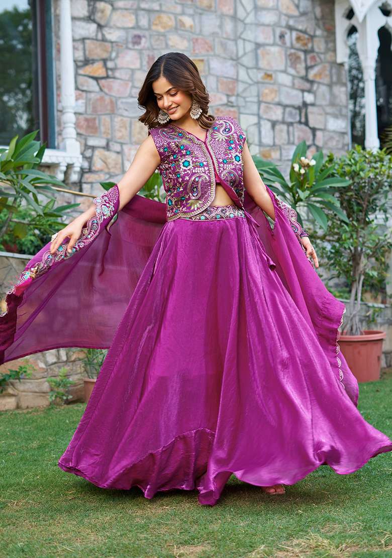 Purple With Dupatta Silk Blend Lehenga Set with Embroidery for Diwali | Wedding & Festive Wear - Indya
