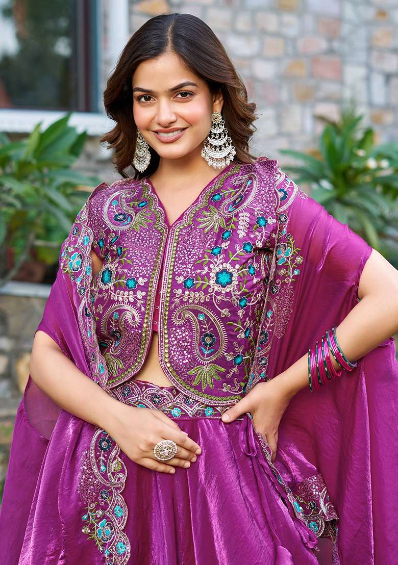 Purple With Dupatta Silk Blend Lehenga Set with Embroidery for Diwali | Wedding & Festive Wear - Indya