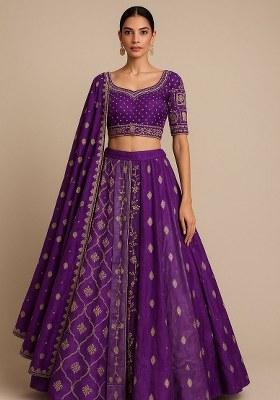 Purple Embroidery Silk Lehenga Set With Dupatta