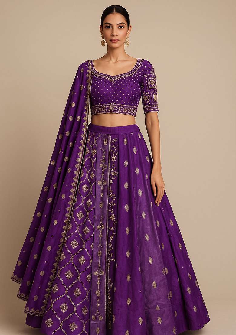Purple Embroidery Silk Blend Lehenga Set With Dupatta - Indya