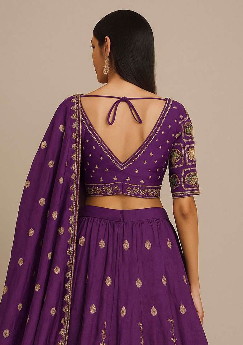 Purple Embroidery Silk Blend Lehenga Set With Dupatta - Indya