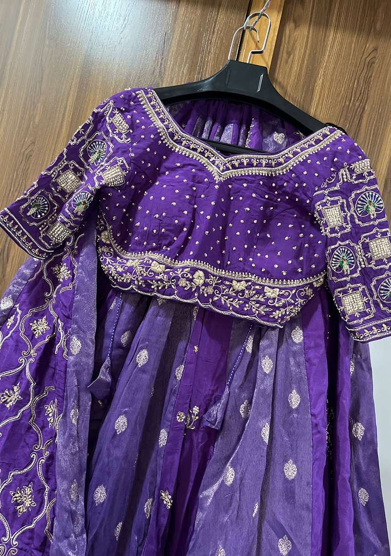 Purple Embroidery Silk Blend Lehenga Set With Dupatta - Indya