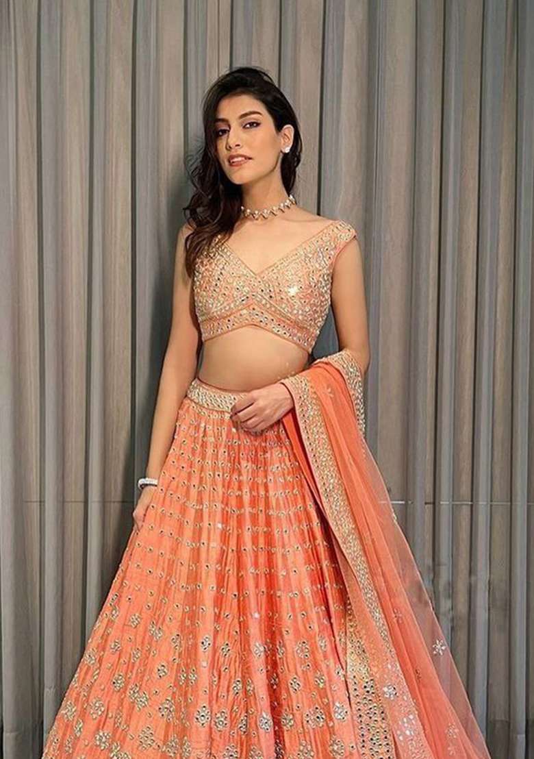 Orange Embroidery Silk Blend Lehenga Choli for Diwali and Festive Wear - Indya
