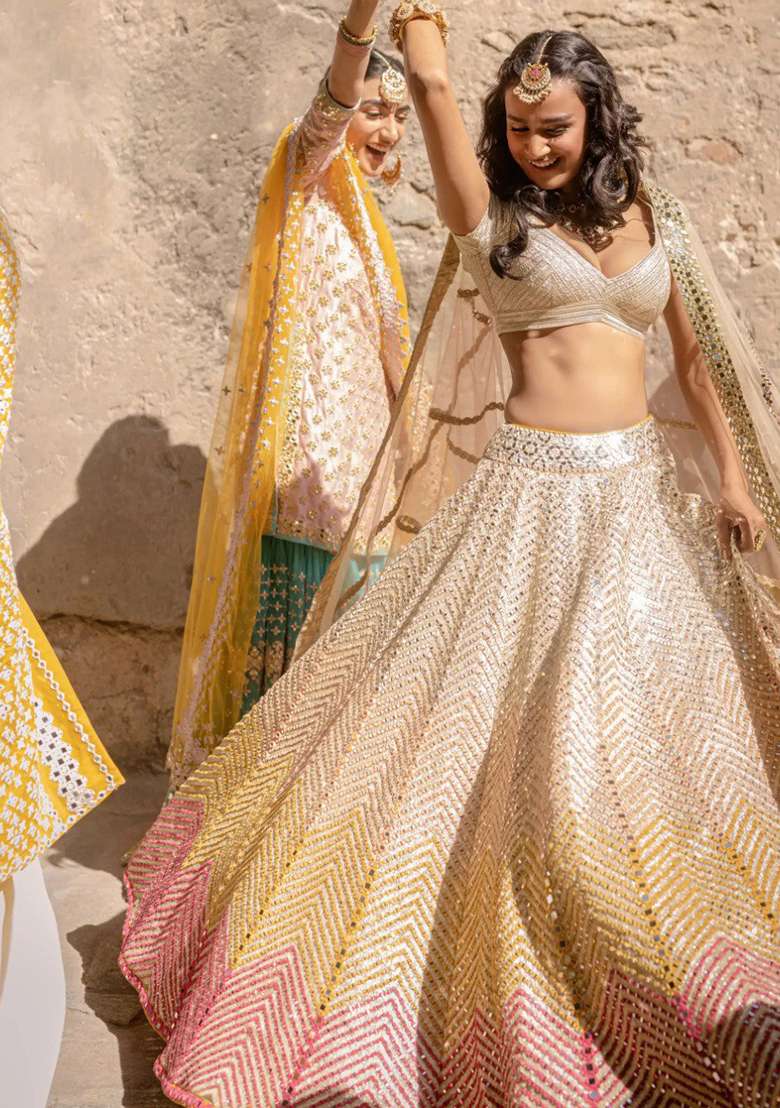 Cream Choli Georgette Lehenga with Embroidery for Diwali | Wedding & Festive Wear - Indya