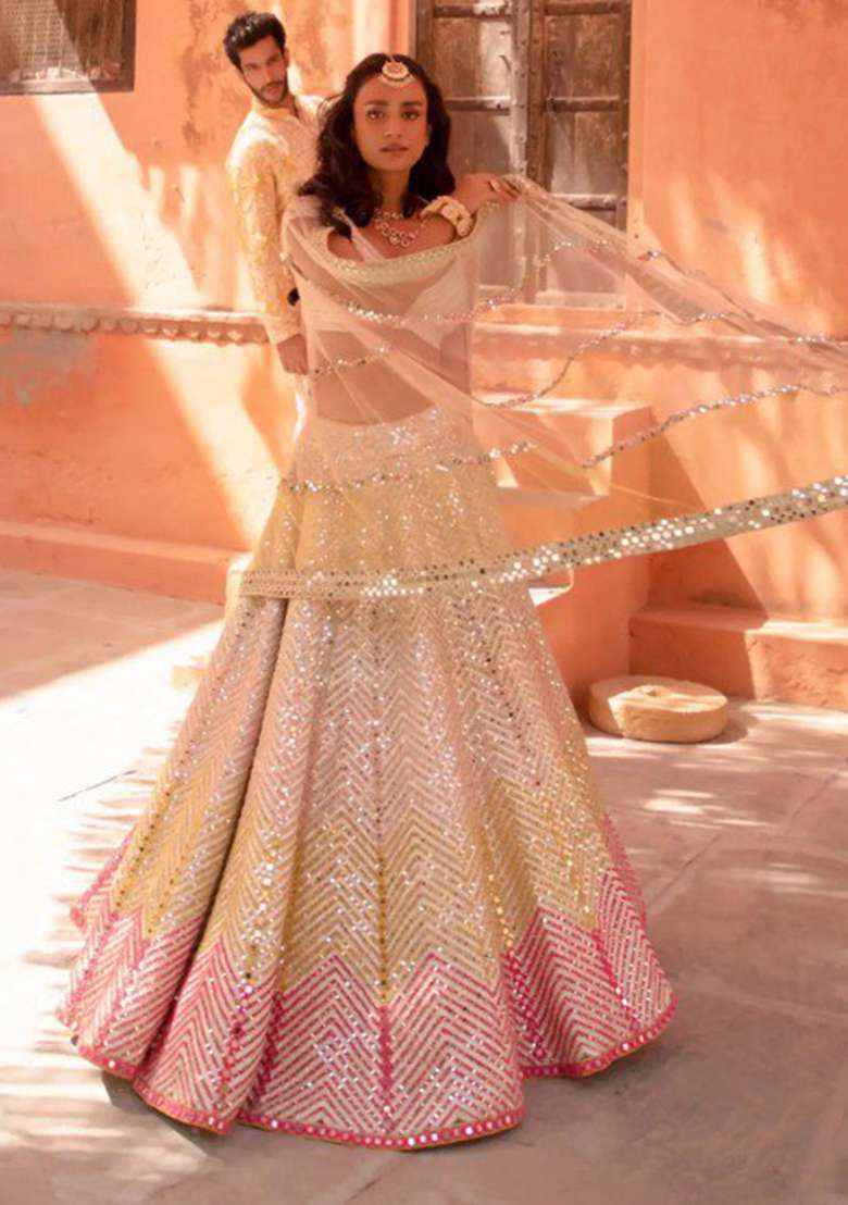 Cream Choli Georgette Lehenga with Embroidery for Diwali | Wedding & Festive Wear - Indya