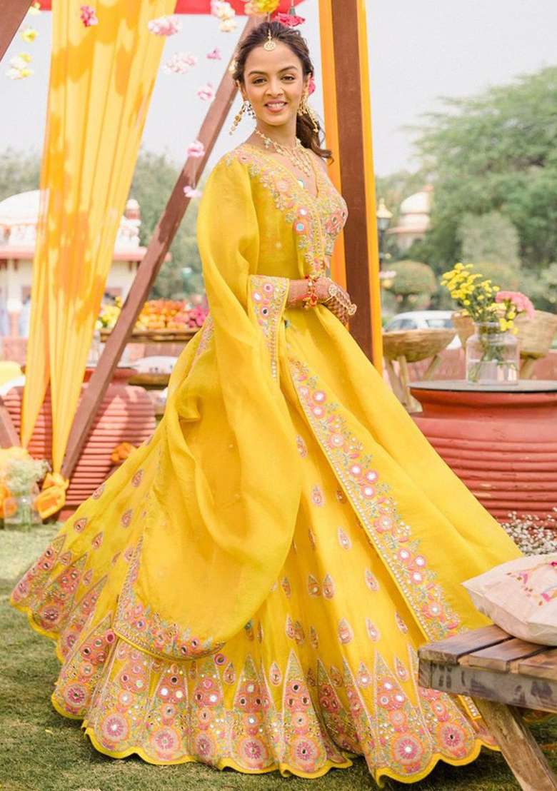 Yellow Embroidery Georgette Lehenga Choli for Diwali and Festive Wear - Indya