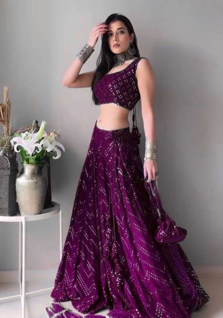 Wine Embroidery Georgette Lehenga Choli for Diwali and Festive Wear - Indya