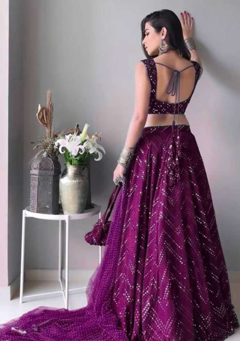 Wine Embroidery Georgette Lehenga Choli for Diwali and Festive Wear - Indya