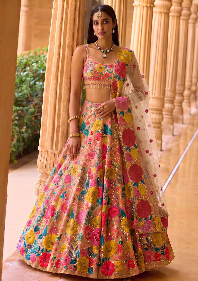 Multi Color Choli Georgette Lehenga with Embroidery for Diwali | Wedding & Festive Wear - Indya